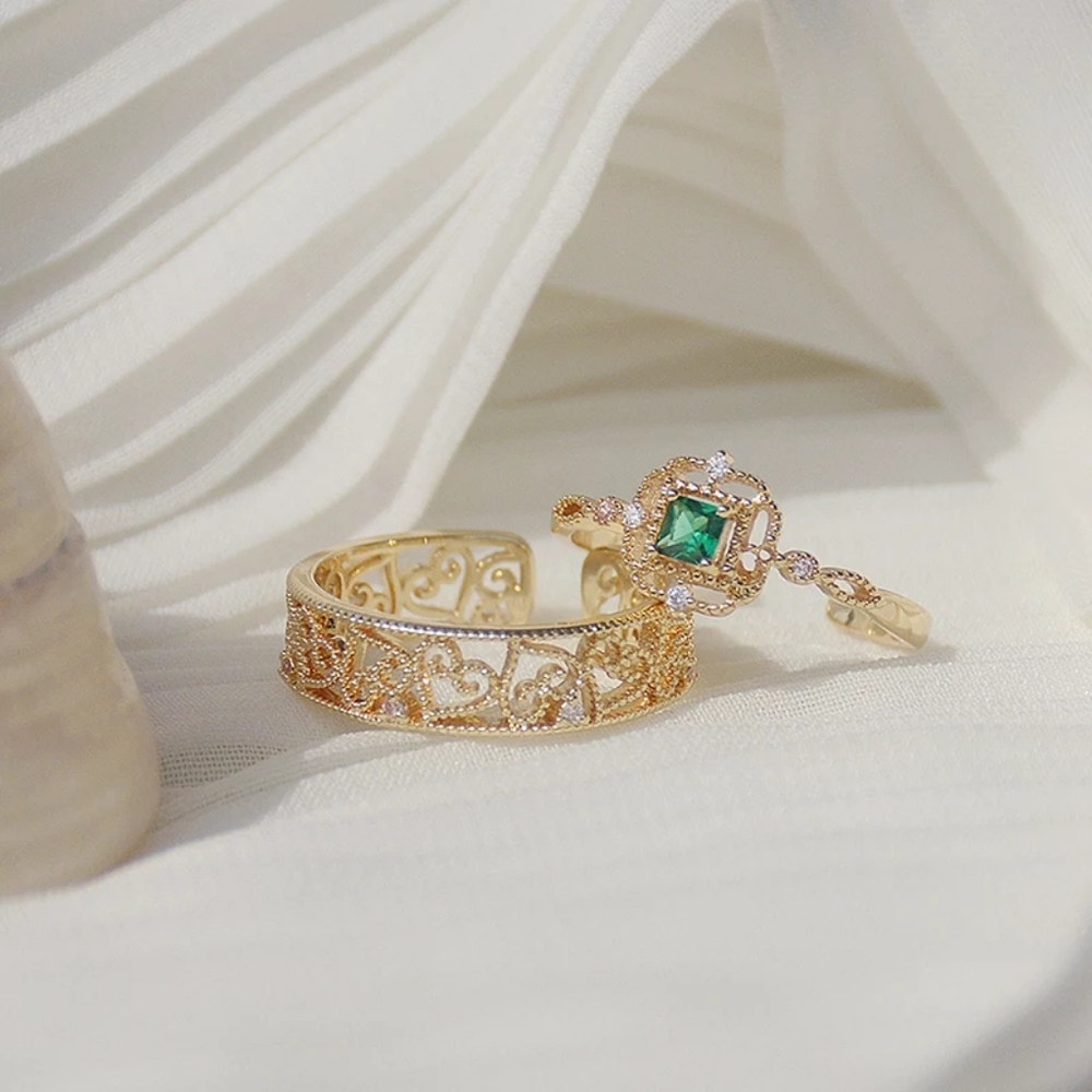 NEW Handmade Lace 14k Gold Filled Diamond Emerald Milgraine Adjustable Ring - Picture 11 of 16